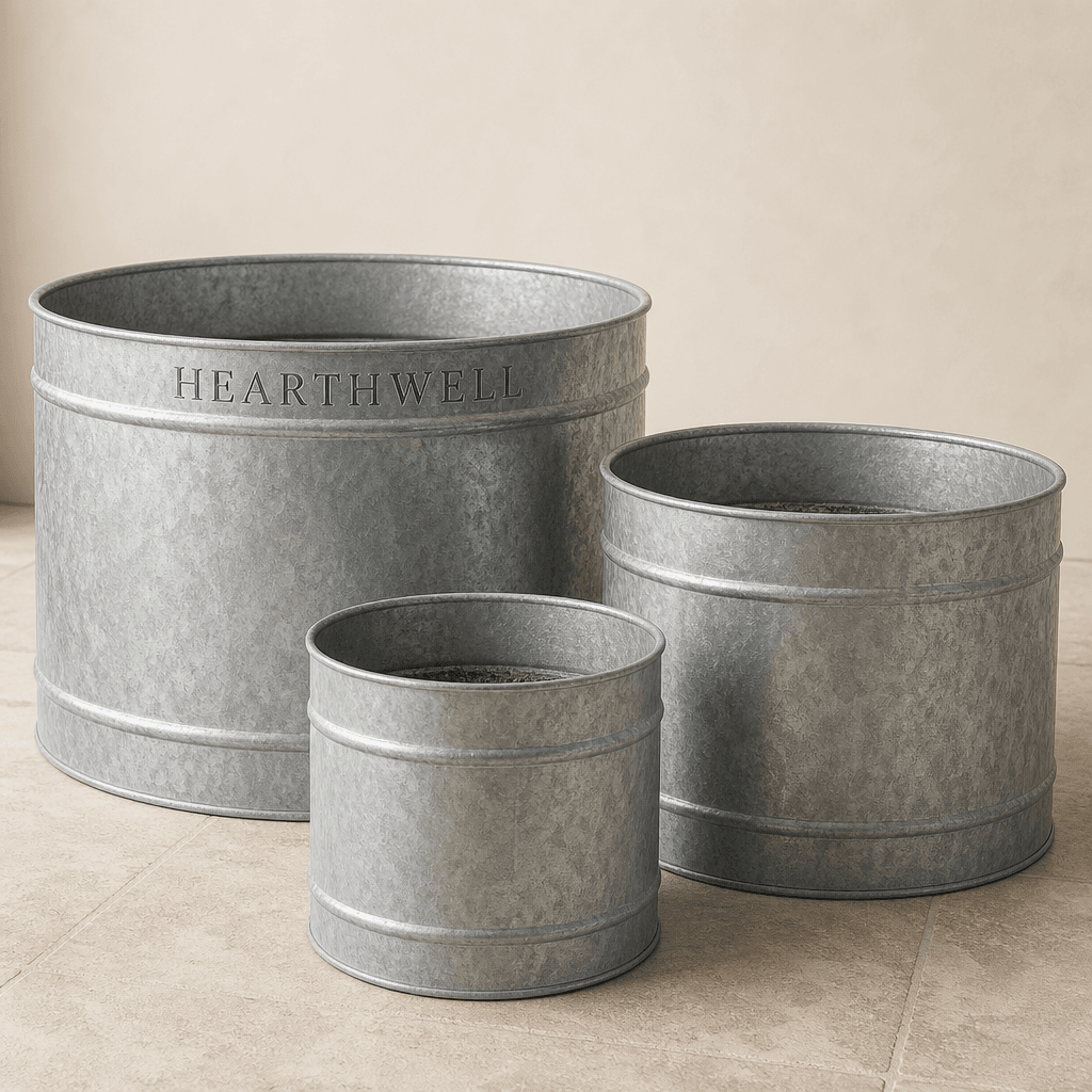 Hearthwell galvanised steel planters set of three with Hearthwell stamped on the largest rim