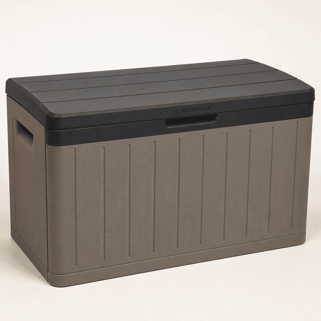 Hearthwell 120 litre water-resistant outdoor storage box with Hearthwell printed on the lid