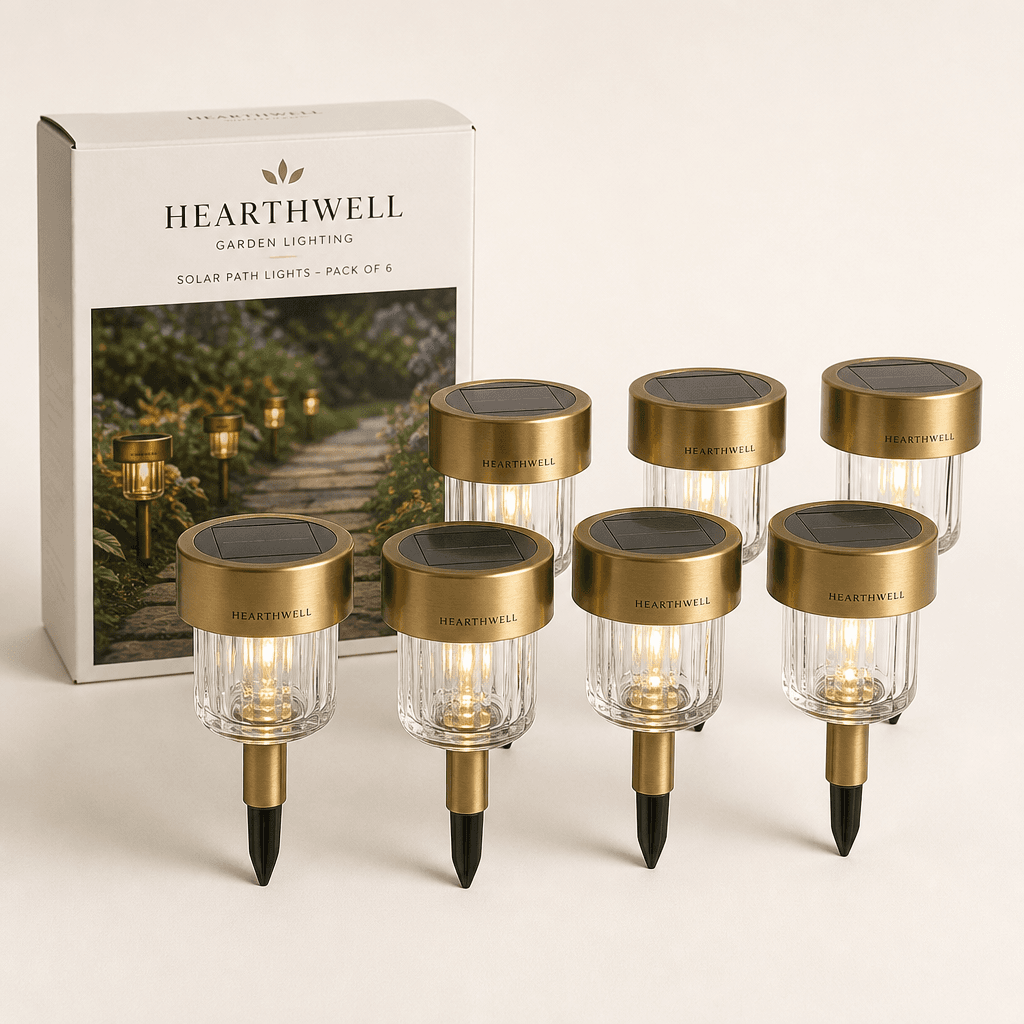 Hearthwell solar-powered garden lights pack of six with Hearthwell printed on the retail box