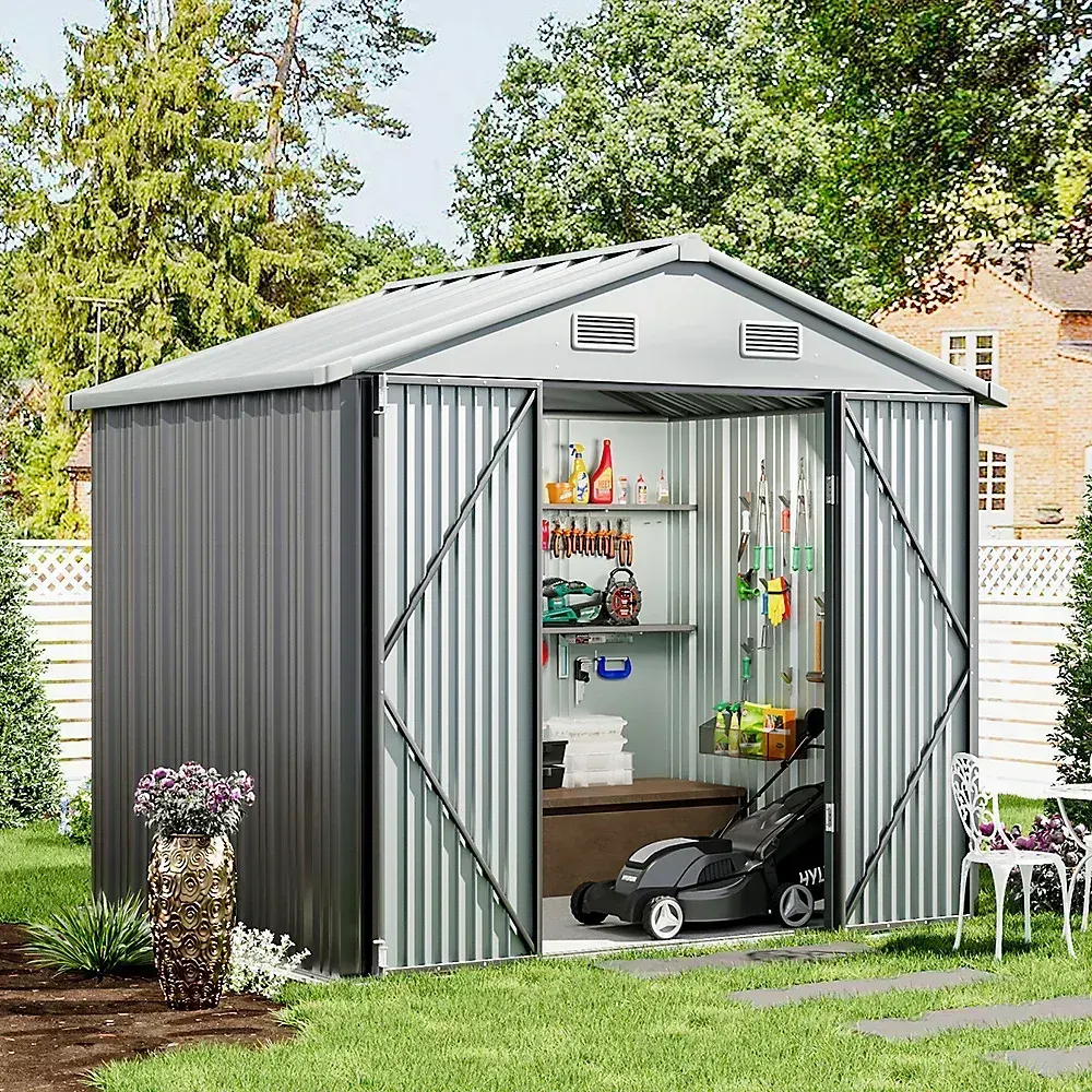 8x6 ft Apex Metal Shed Garden Storage Shed with Lockable Double Door, Grey