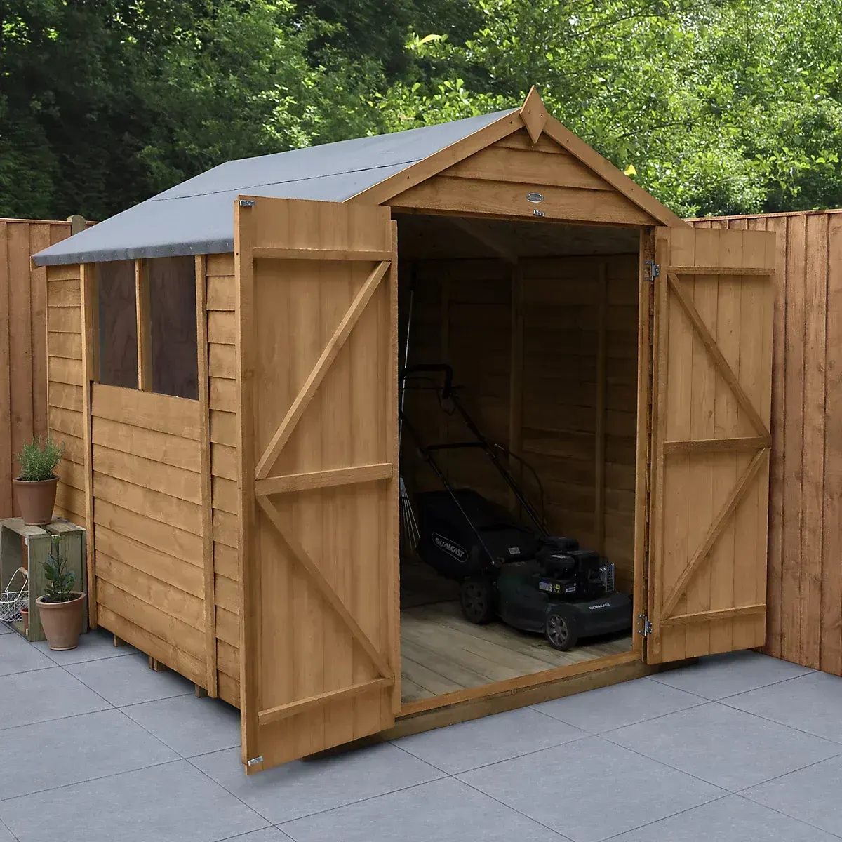Forest Garden Overlap 8x6 ft Apex Wooden Dip Treated 2 Door Shed with floor & 2 windows