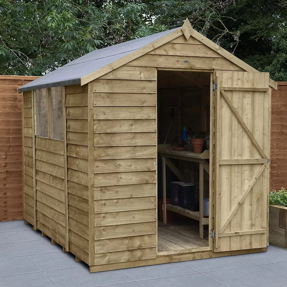 Forest Garden Overlap 8x6 ft Apex Wooden Pressure Treated Shed with floor & 2 windows