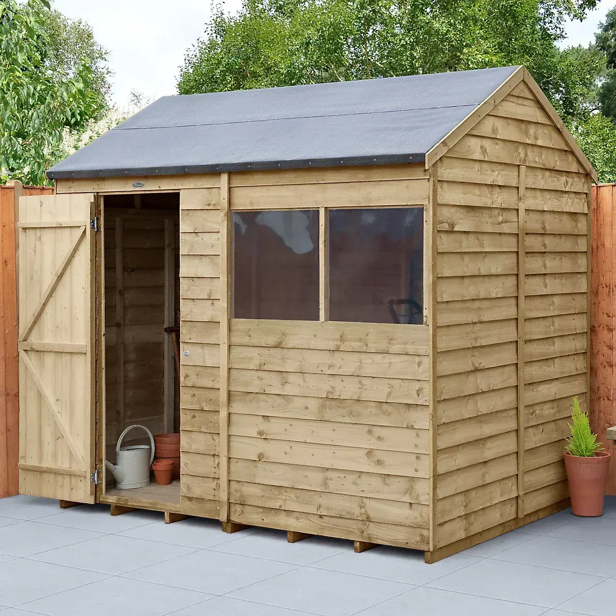 Forest Garden Overlap 8x6 ft Reverse Apex Wooden Pressure Treated Shed with floor & 2 windows